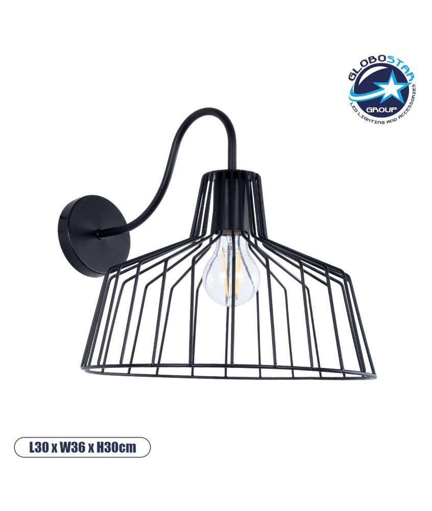 GLOBOSTAR® TRIUMPH 01117 Vintage Φωτιστικό Τοίχου - Απλίκα με Ντουί 1 x E27 AC 220-240V IP20 - Μαύρο - Μ30 x Π36 x Υ30cm